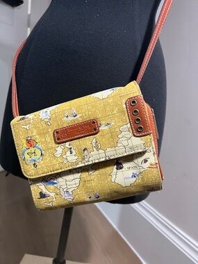 Sharif Yellow Map-Print Crossbody with Brown Trim